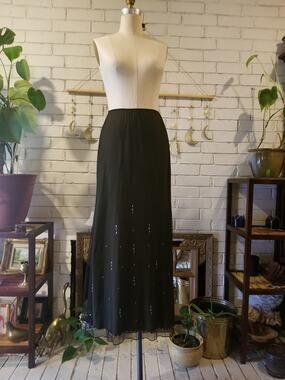 Vintage Anthropologie Y2K Black Mesh Studded Maxi Skirt Layered Tagged L Fits M